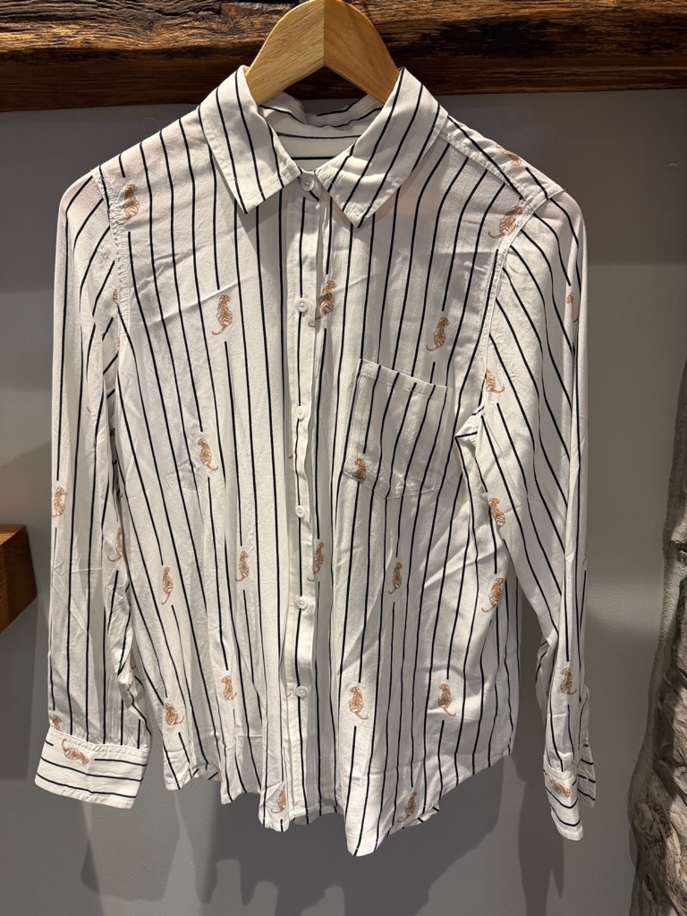 Rails White Button-Up Shirt with Black Stripes and Beige Tiger Detail
